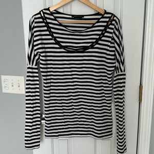 BCBG MaxAzria Striped Tee With Button Cut Out Detail